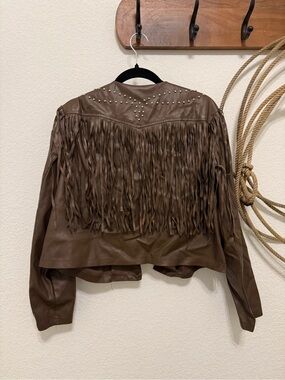 Vintage Western Brown Faux Leather Fringe Studded Open Jacket (Size XL)